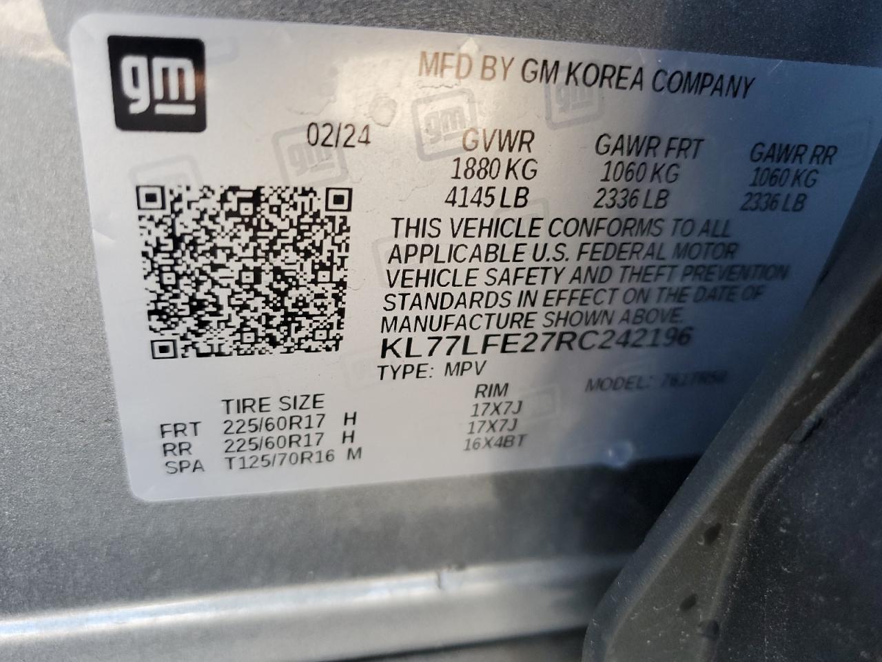 2024 Chevrolet Trax Ls VIN: KL77LFE27RC242196 Lot: 90791295