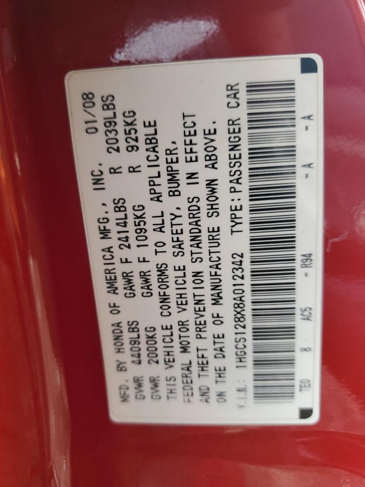 2008 Honda Accord Exl VIN: 1HGCS128X8A012342 Lot: 85344155