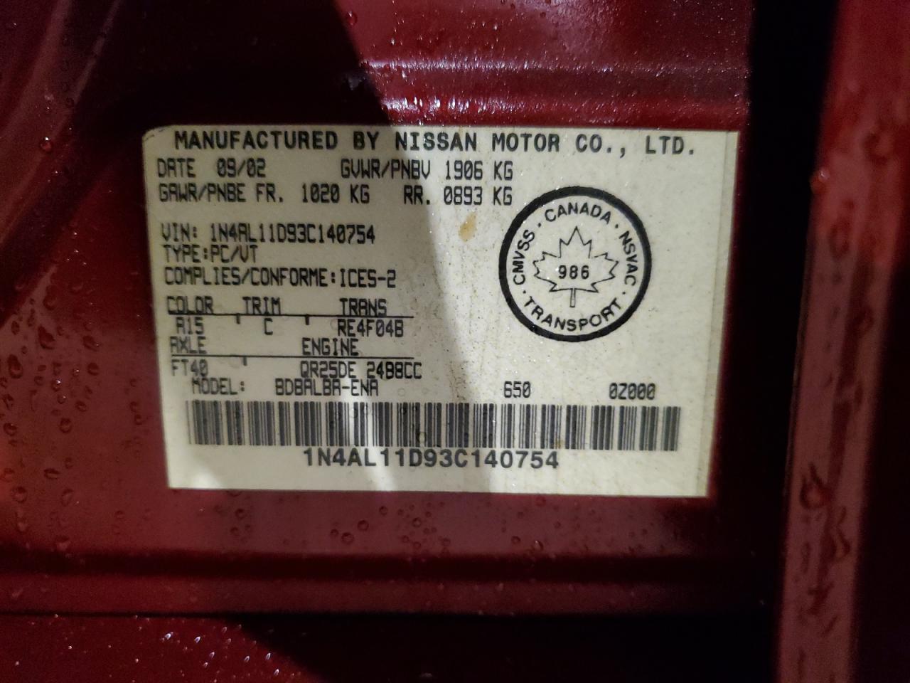 2003 Nissan Altima Base VIN: 1N4AL11D93C140754 Lot: 90819555