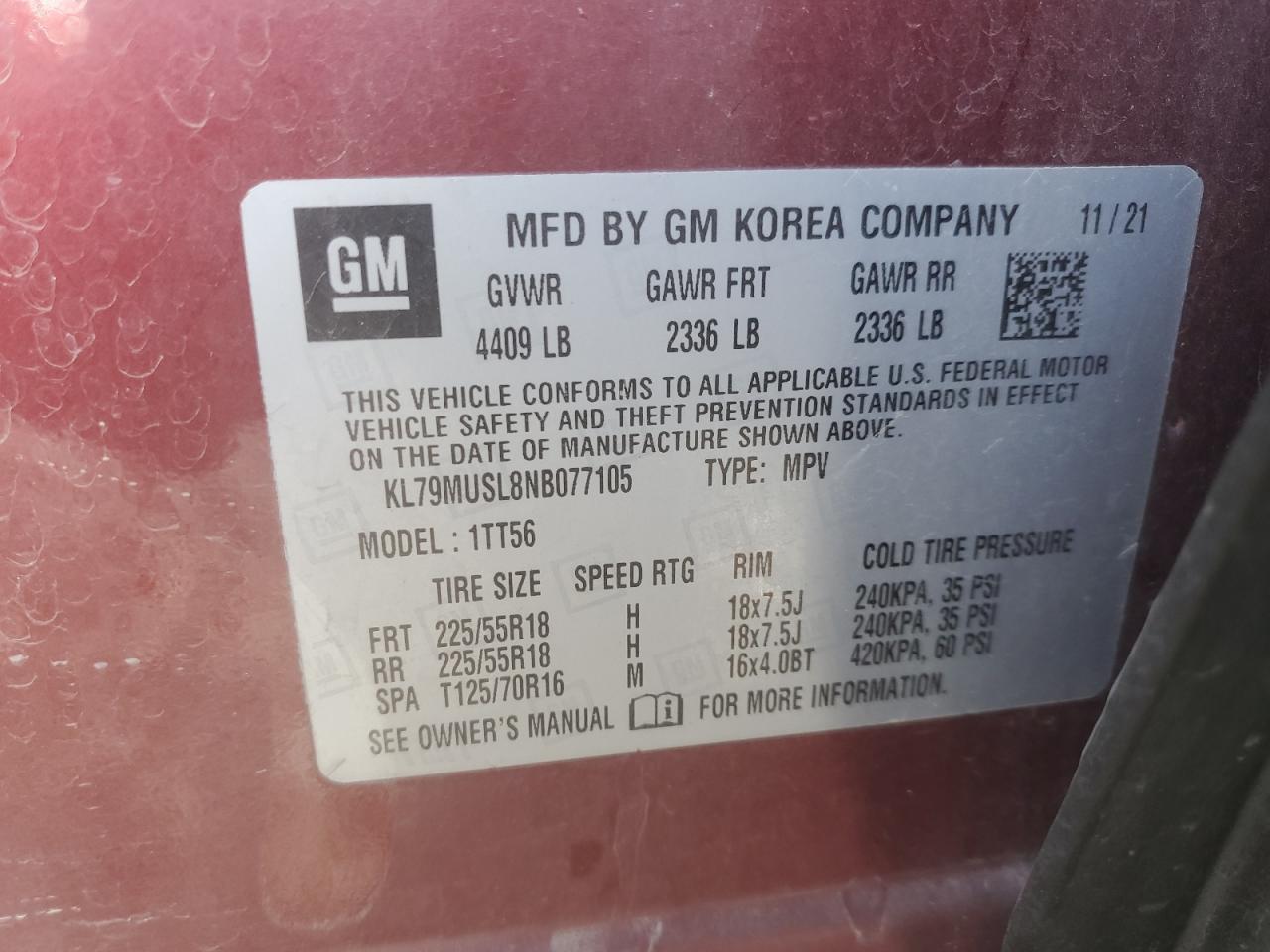 2022 Chevrolet Trailblazer Rs VIN: KL79MUSL8NB077105 Lot: 82458115