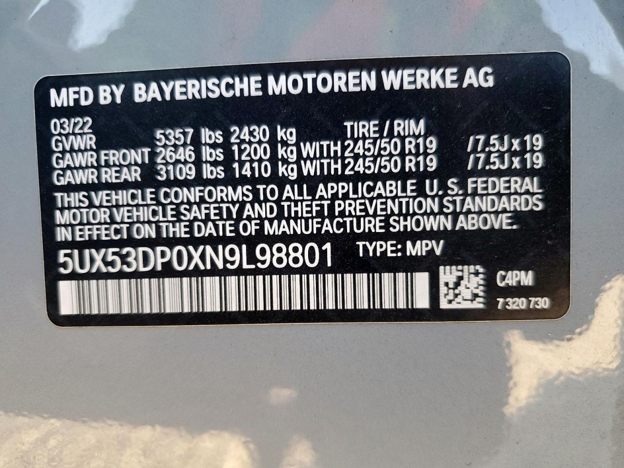 2022 BMW X3 xDrive30I VIN: 5UX53DP0XN9L98801 Lot: 86110175