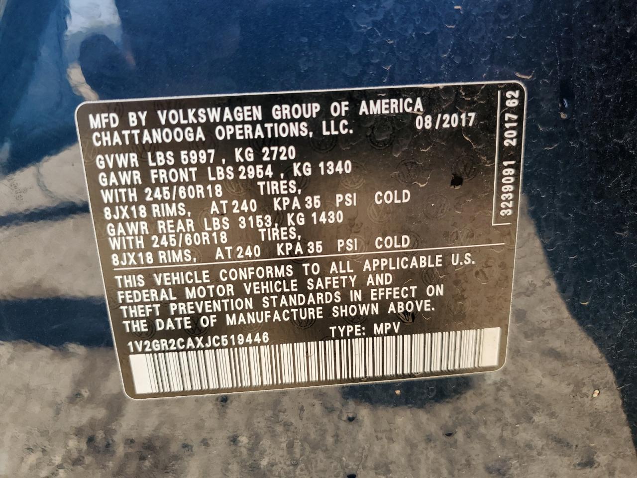 2018 Volkswagen Atlas S VIN: 1V2GR2CAXJC519446 Lot: 84985315