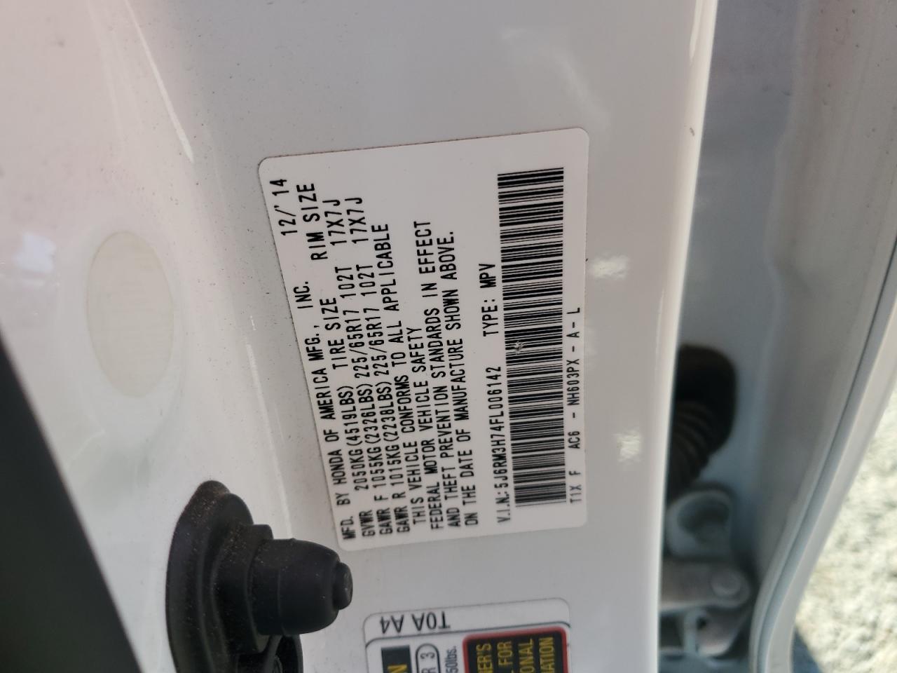 2015 Honda Cr-V Exl VIN: 5J6RM3H74FL006142 Lot: 90738575