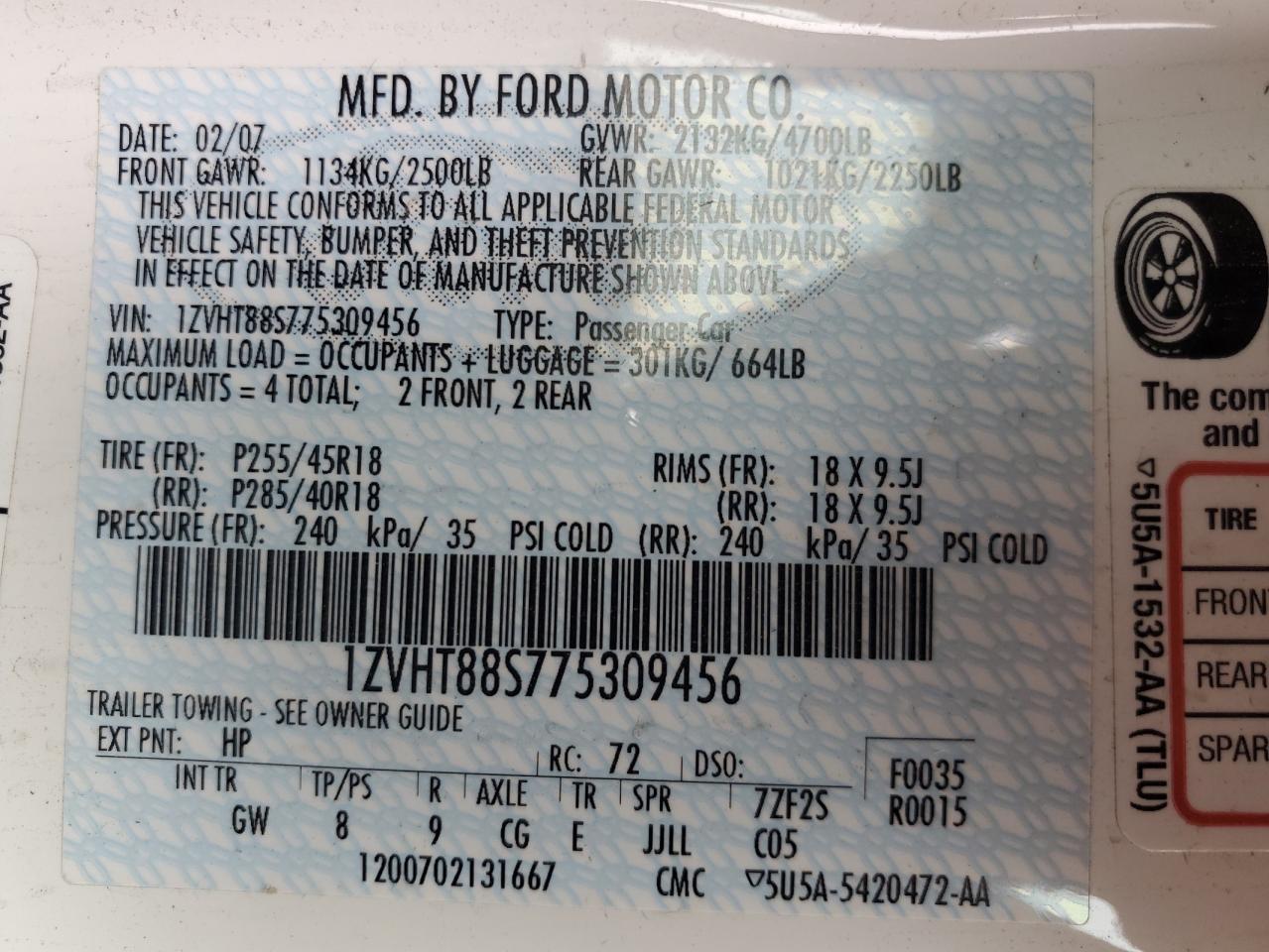 2007 Ford Mustang Shelby Gt500 VIN: 1ZVHT88S775309456 Lot: 85384025