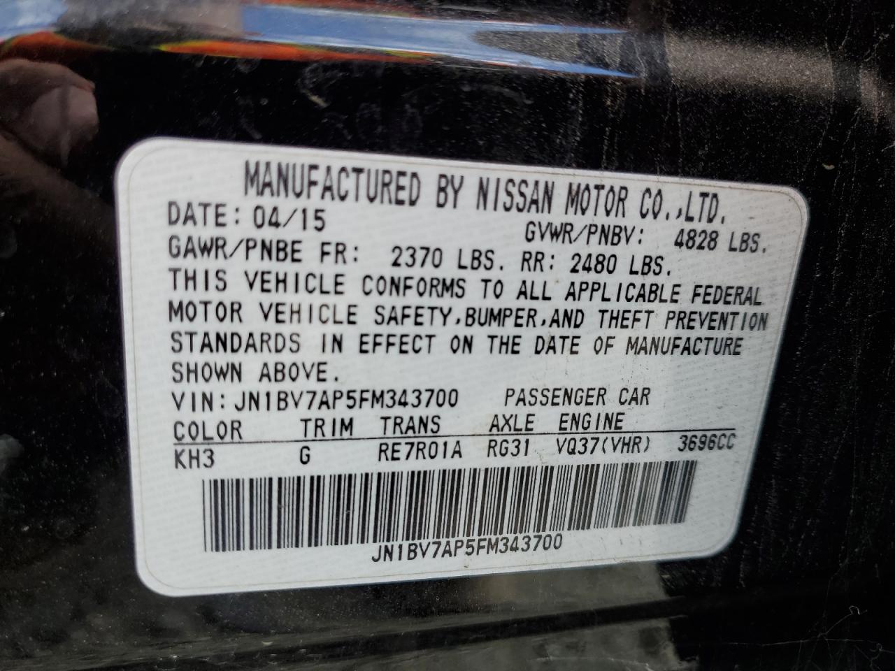 2015 Infiniti Q50 Base VIN: JN1BV7AP5FM343700 Lot: 86506885