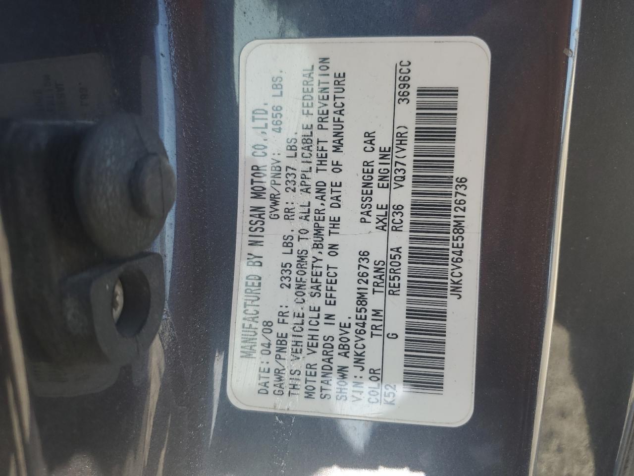 2008 Infiniti G37 Base VIN: JNKCV64E58M126736 Lot: 87313665