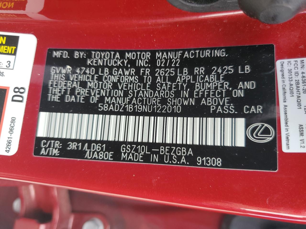 2022 Lexus Es 350 Base VIN: 58ADZ1B19NU122010 Lot: 81935555