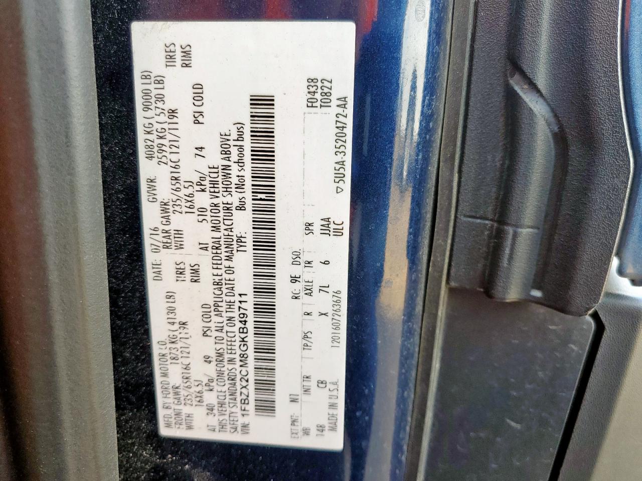 2016 Ford Transit T-350 VIN: 1FBZX2CM8GKB49711 Lot: 82179515