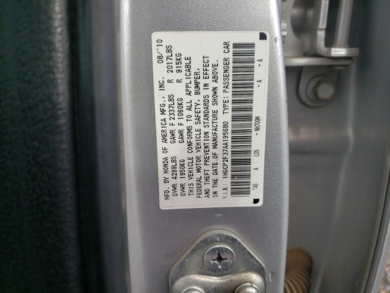 2010 Honda Accord Lx VIN: 1HGCP2F37AA195680 Lot: 86296145