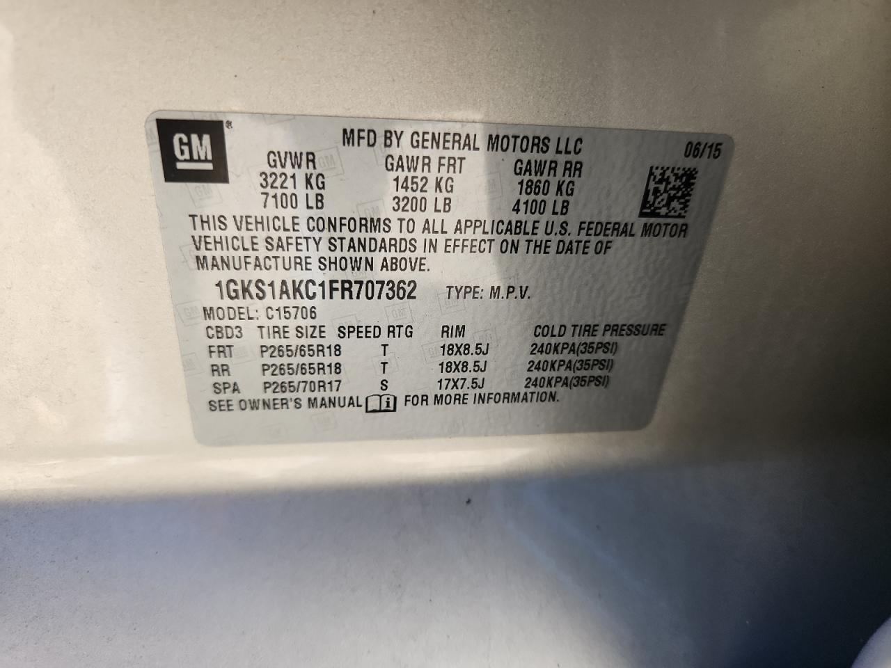 2015 GMC Yukon Sle VIN: 1GKS1AKC1FR707362 Lot: 90607185