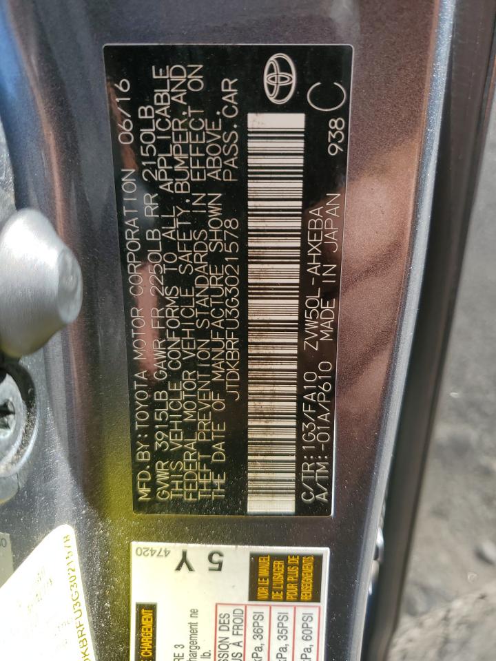 2016 Toyota Prius VIN: JTDKBRFU3G3021578 Lot: 85765745