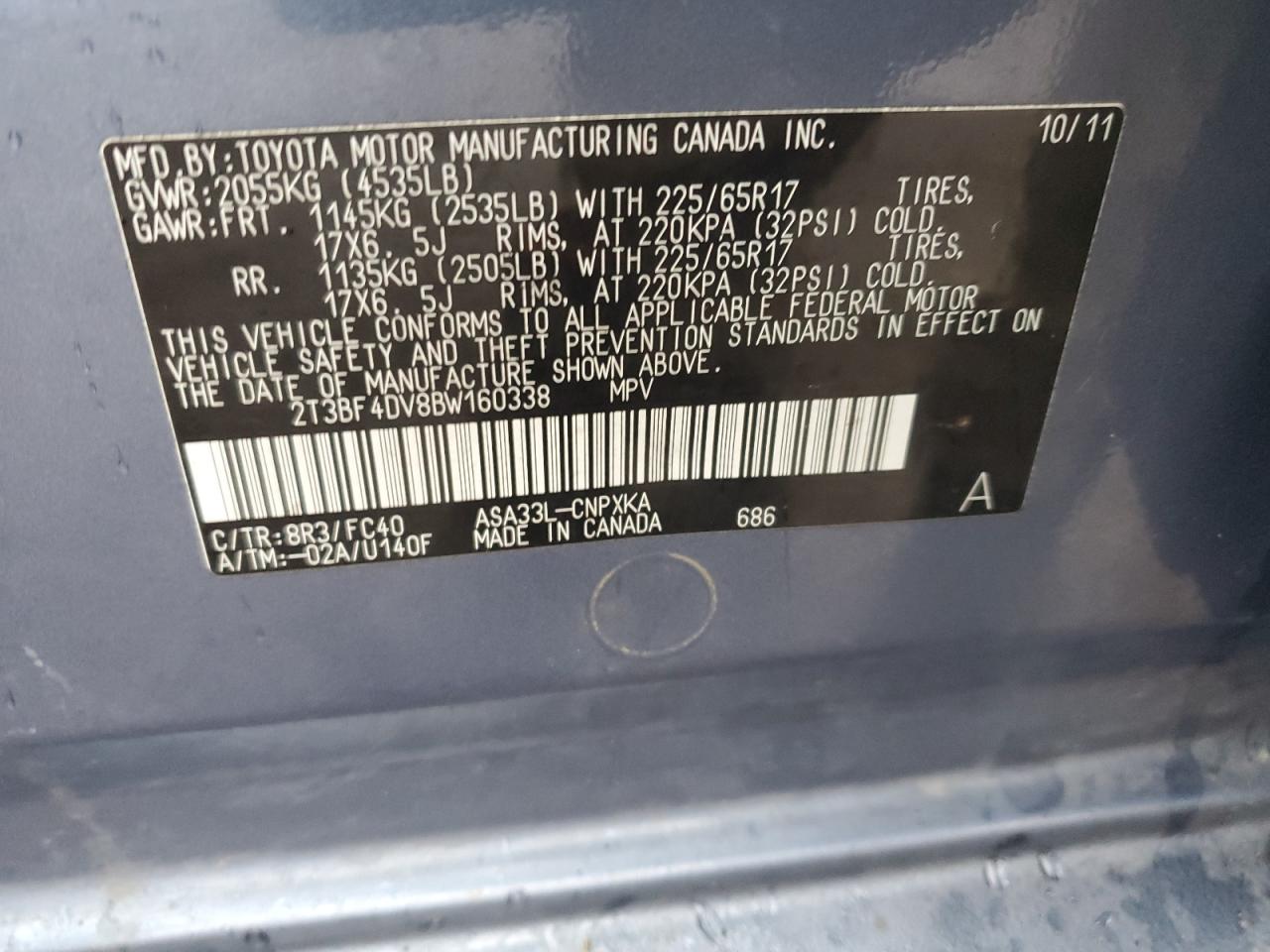 2011 Toyota Rav4 VIN: 2T3BF4DV8BW160338 Lot: 90030305