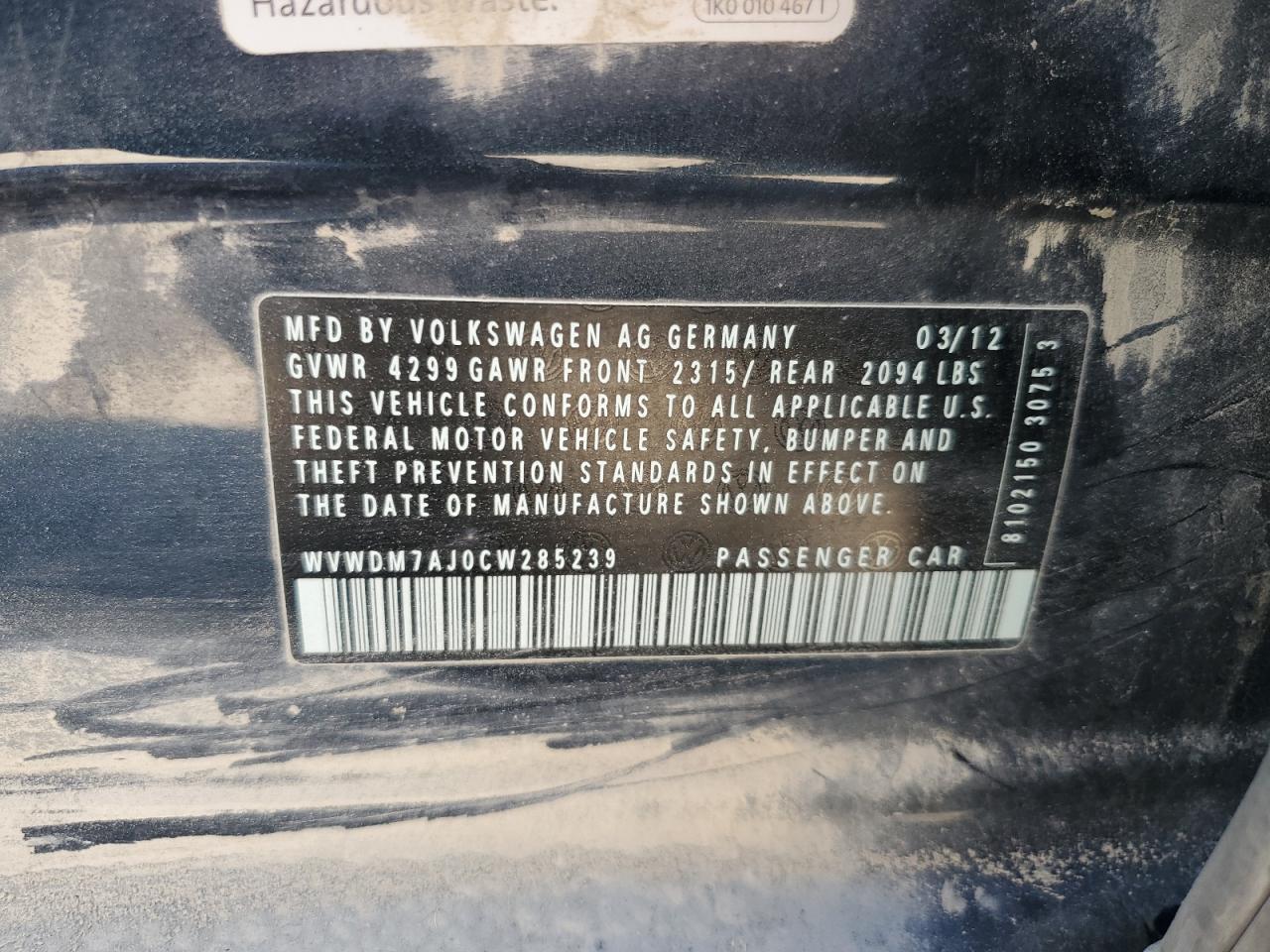 2012 Volkswagen Golf VIN: WVWDM7AJ0CW285239 Lot: 82261745