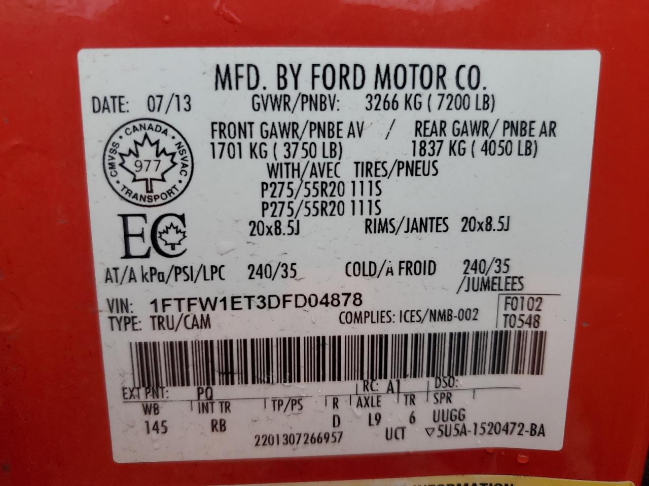 2013 Ford F150 Supercrew VIN: 1FTFW1ET3DFD04878 Lot: 90541595