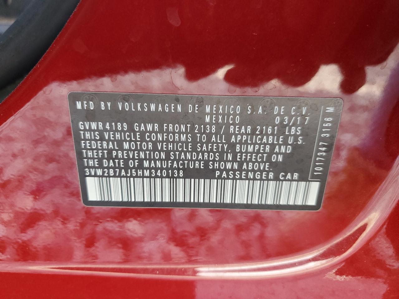 2017 Volkswagen Jetta S VIN: 3VW2B7AJ5HM340138 Lot: 81586645