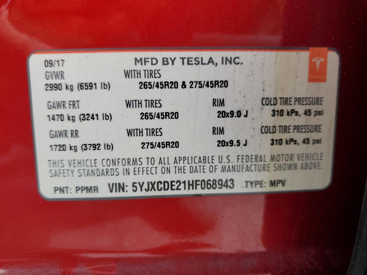 2017 Tesla Model X VIN: 5YJXCDE21HF068943 Lot: 85755345