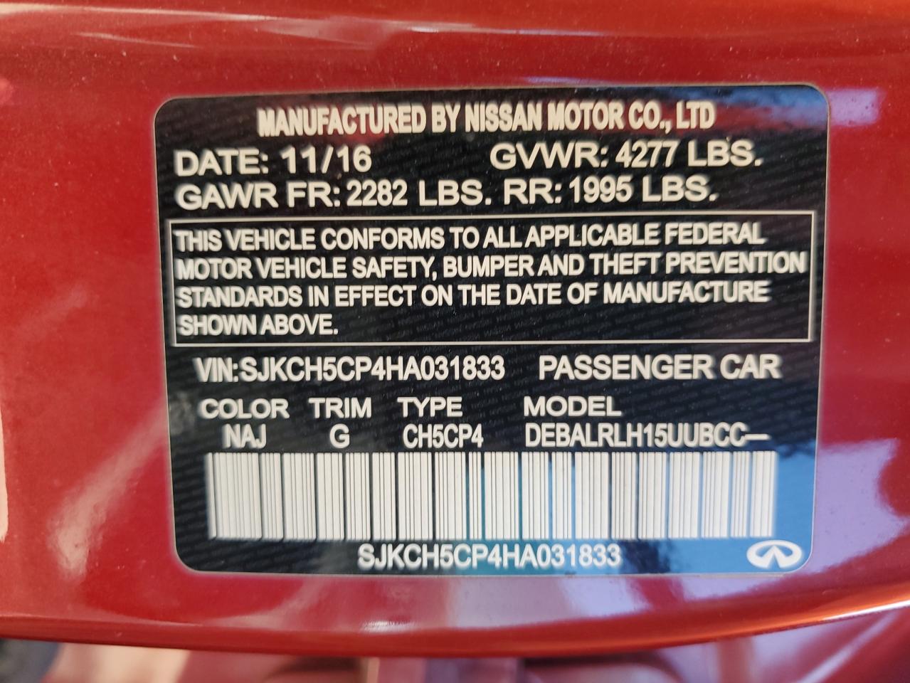 2017 Infiniti Qx30 Base VIN: SJKCH5CP4HA031833 Lot: 89882745