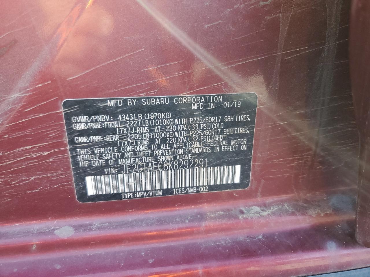 2019 Subaru Crosstrek Premium VIN: JF2GTAEC8K8292291 Lot: 84653085