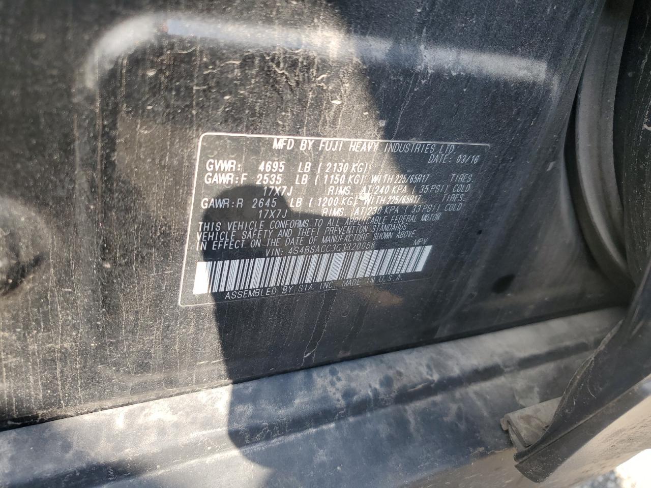 2016 Subaru Outback 2.5I Premium VIN: 4S4BSACC3G3320058 Lot: 86061085