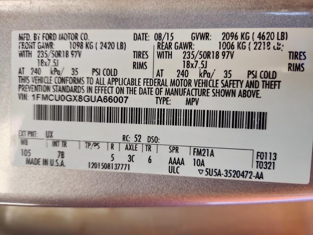 2016 Ford Escape Se VIN: 1FMCU0GX8GUA66007 Lot: 85895465