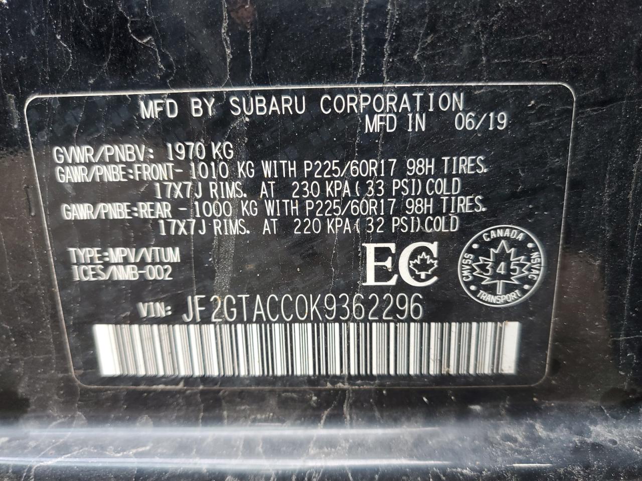 2019 Subaru Crosstrek Premium VIN: JF2GTACC0K9362296 Lot: 87469505