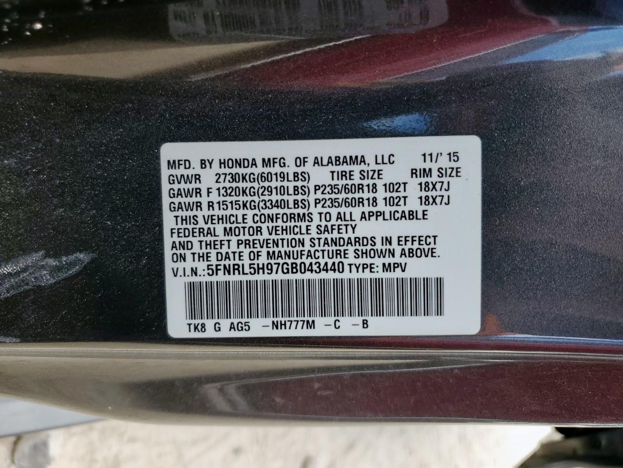 2016 Honda Odyssey Touring VIN: 5FNRL5H97GB043440 Lot: 85389285