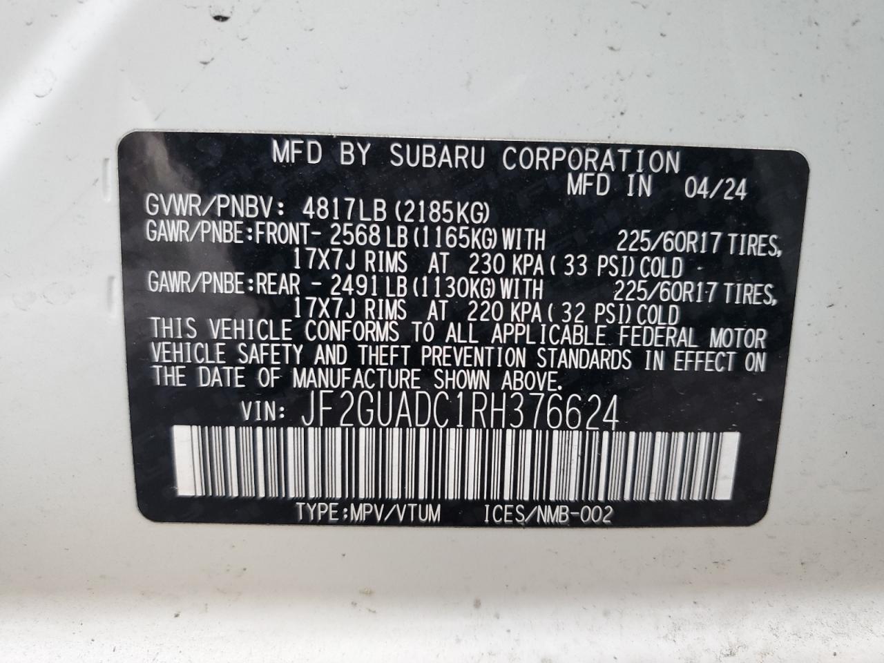 2024 Subaru Crosstrek Premium VIN: JF2GUADC1RH376624 Lot: 86332045