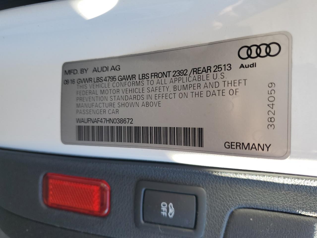 2017 Audi A4 Prestige VIN: WAUFNAF47HN038672 Lot: 82444655