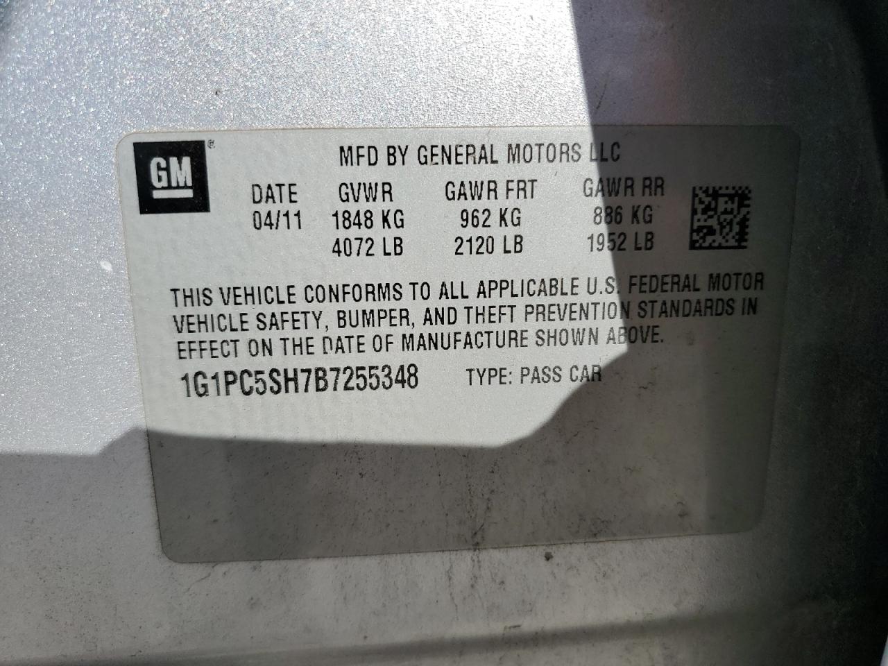 2011 Chevrolet Cruze Ls VIN: 1G1PC5SH7B7255348 Lot: 85691535