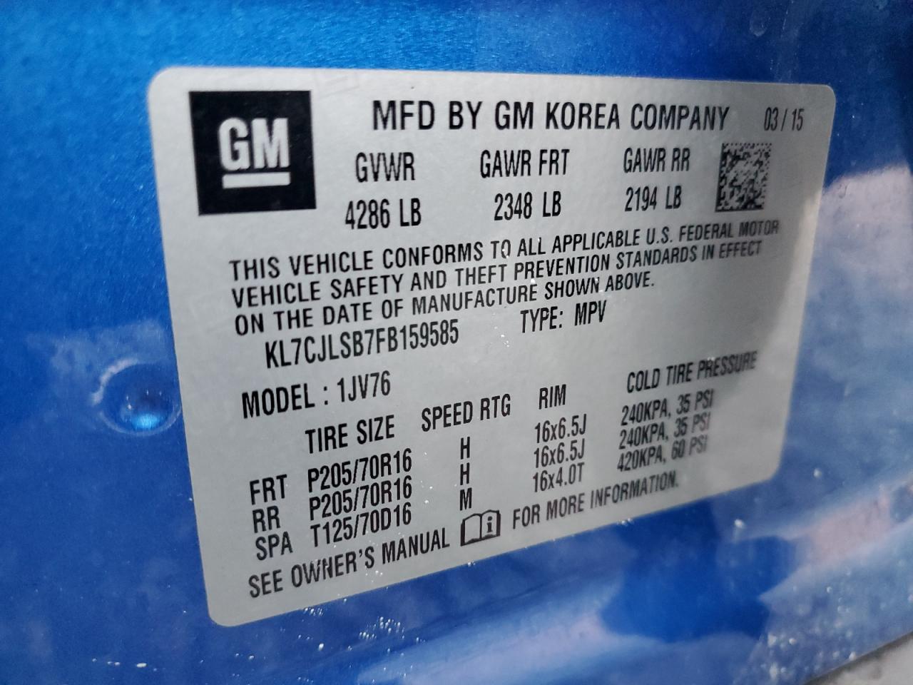 2015 Chevrolet Trax 1Lt VIN: KL7CJLSB7FB159585 Lot: 81961285