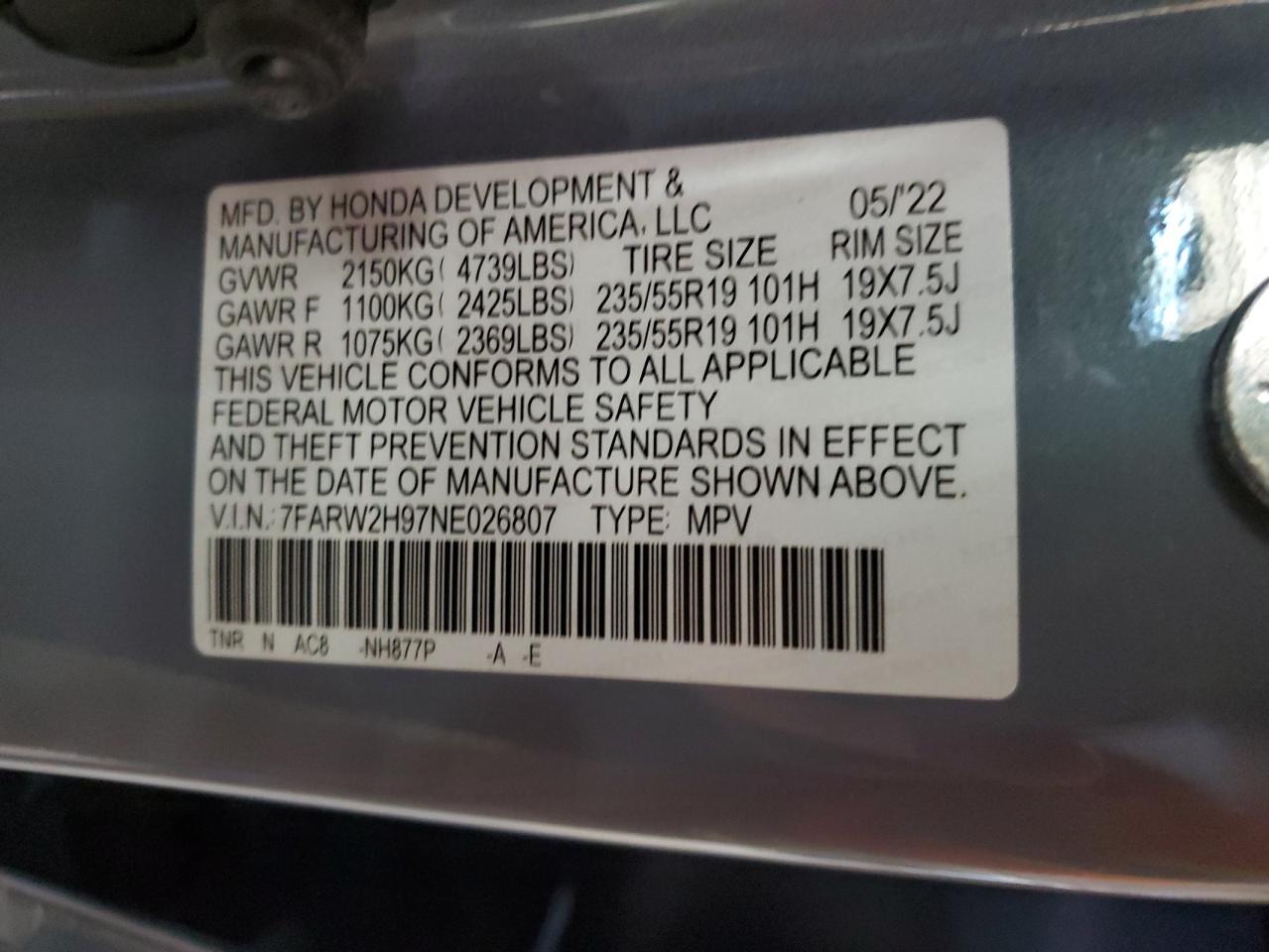 2022 Honda Cr-V Touring VIN: 7FARW2H97NE026807 Lot: 82736235