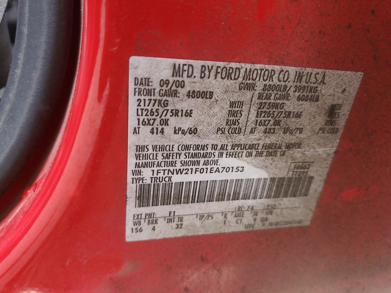 2001 Ford F250 Super Duty VIN: 1FTNW21F01EA70153 Lot: 90669185