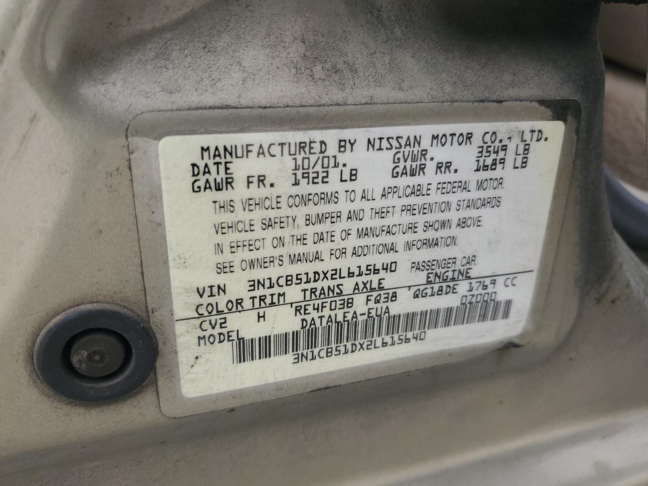 2002 Nissan Sentra Xe VIN: 3N1CB51DX2L615640 Lot: 86852835