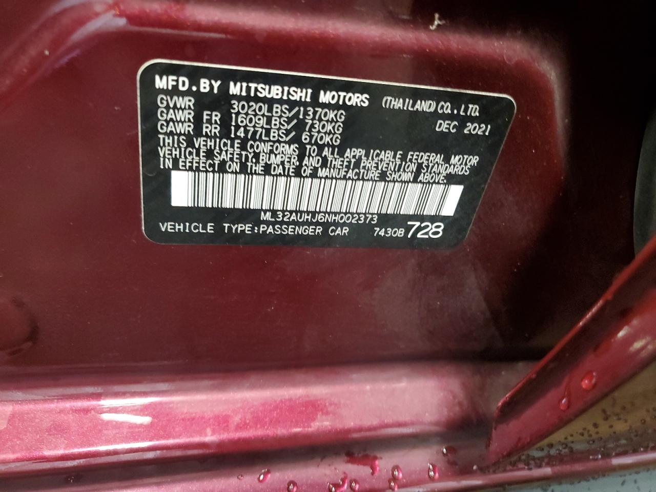 2022 Mitsubishi Mirage Es VIN: ML32AUHJ6NH002373 Lot: 90397375
