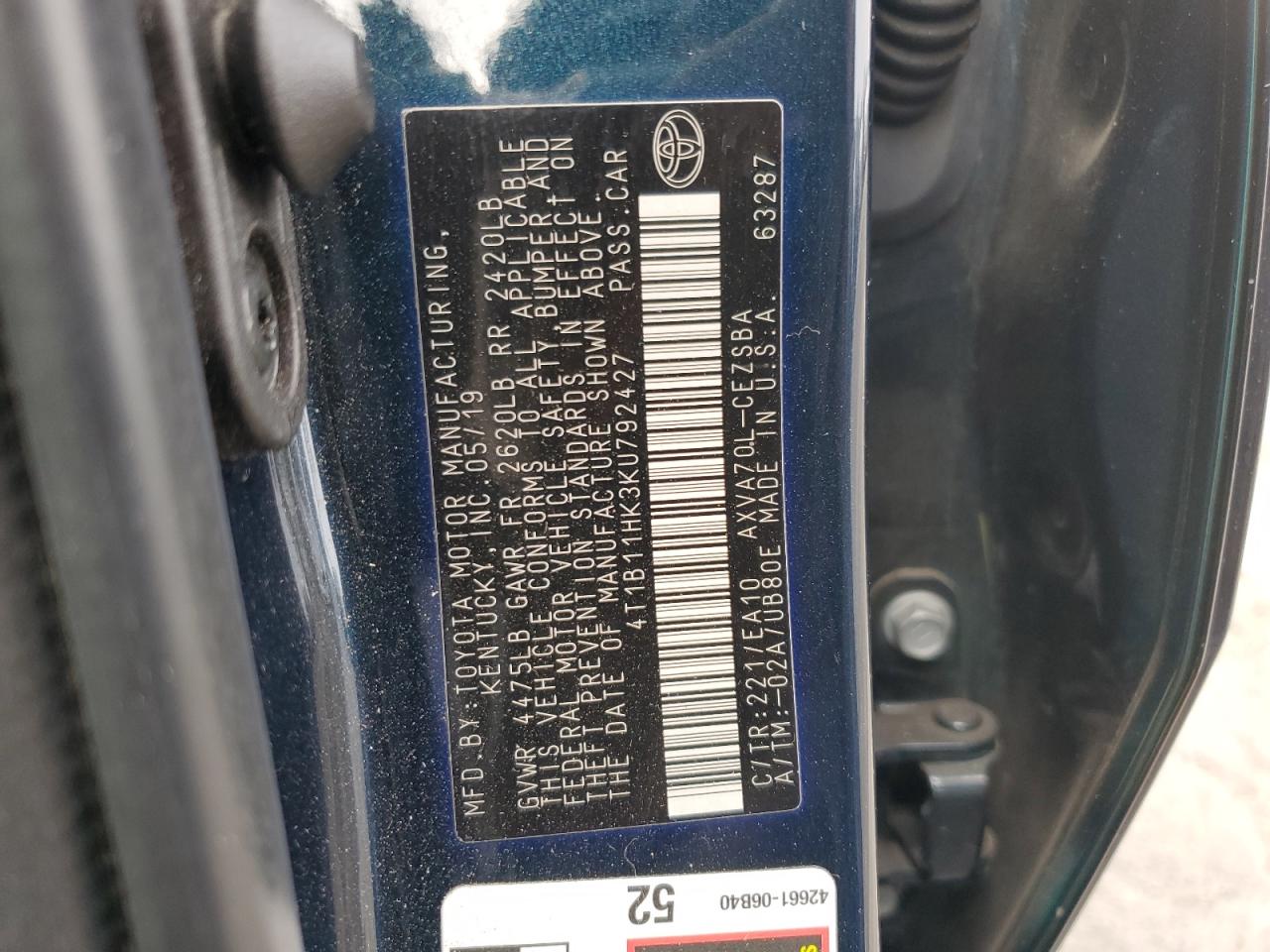 2019 Toyota Camry L VIN: 4T1B11HK3KU792427 Lot: 67387445