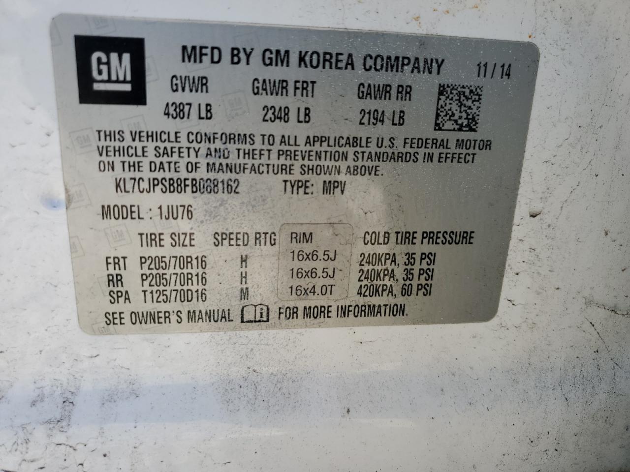 2015 Chevrolet Trax 1Ls VIN: KL7CJPSB8FB088162 Lot: 81936915