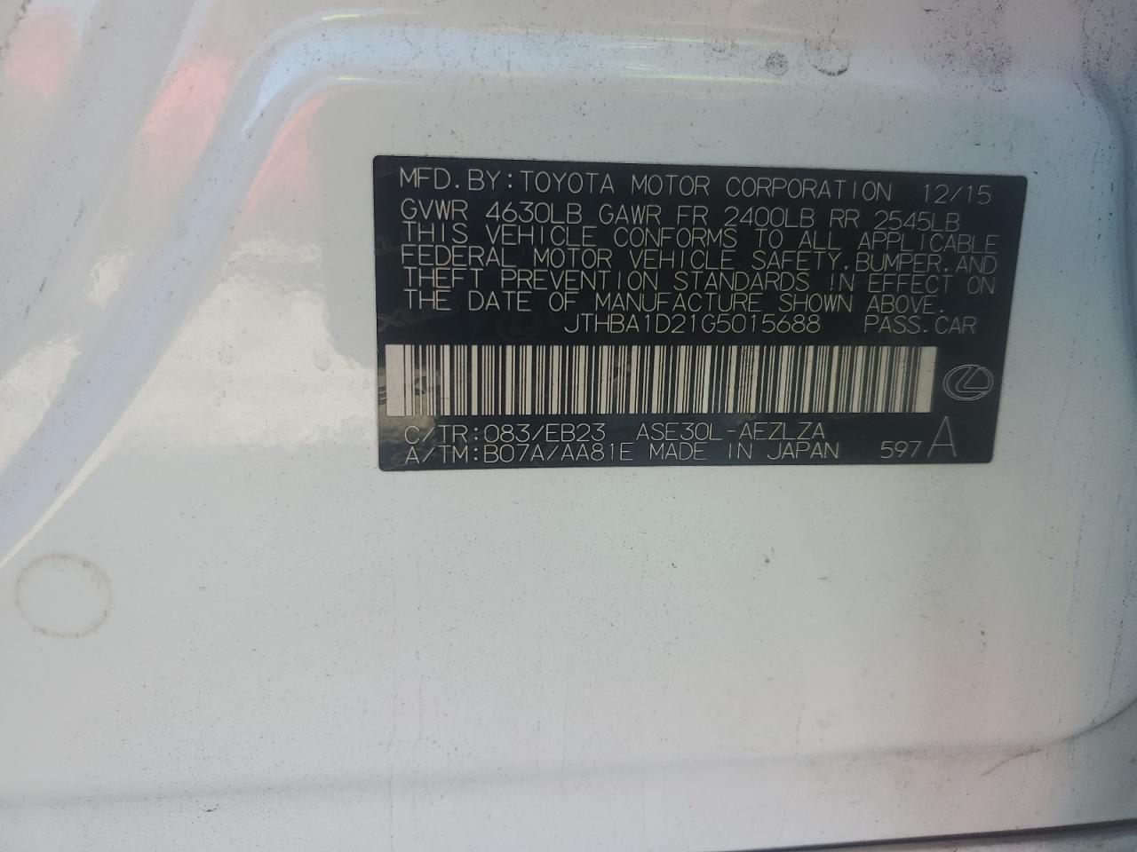 2016 Lexus Is 200T VIN: JTHBA1D21G5015688 Lot: 80464635