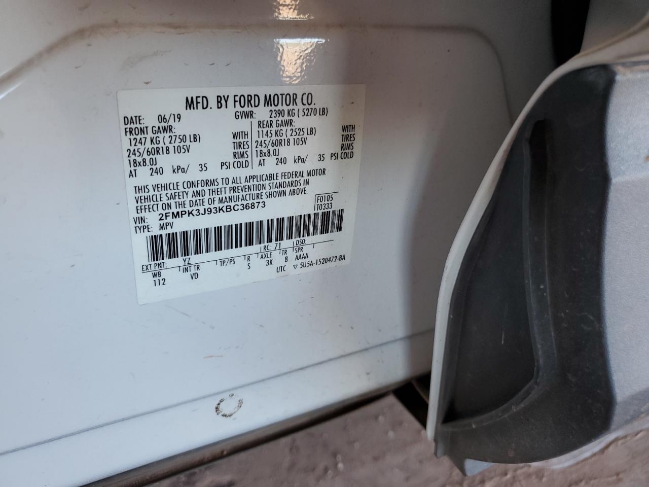 2019 Ford Edge Sel VIN: 2FMPK3J93KBC36873 Lot: 87404745