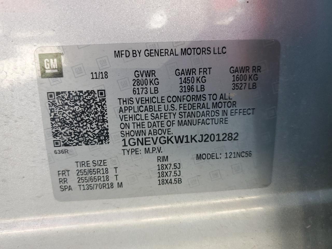 2019 Chevrolet Traverse Lt VIN: 1GNEVGKW1KJ201282 Lot: 83999375