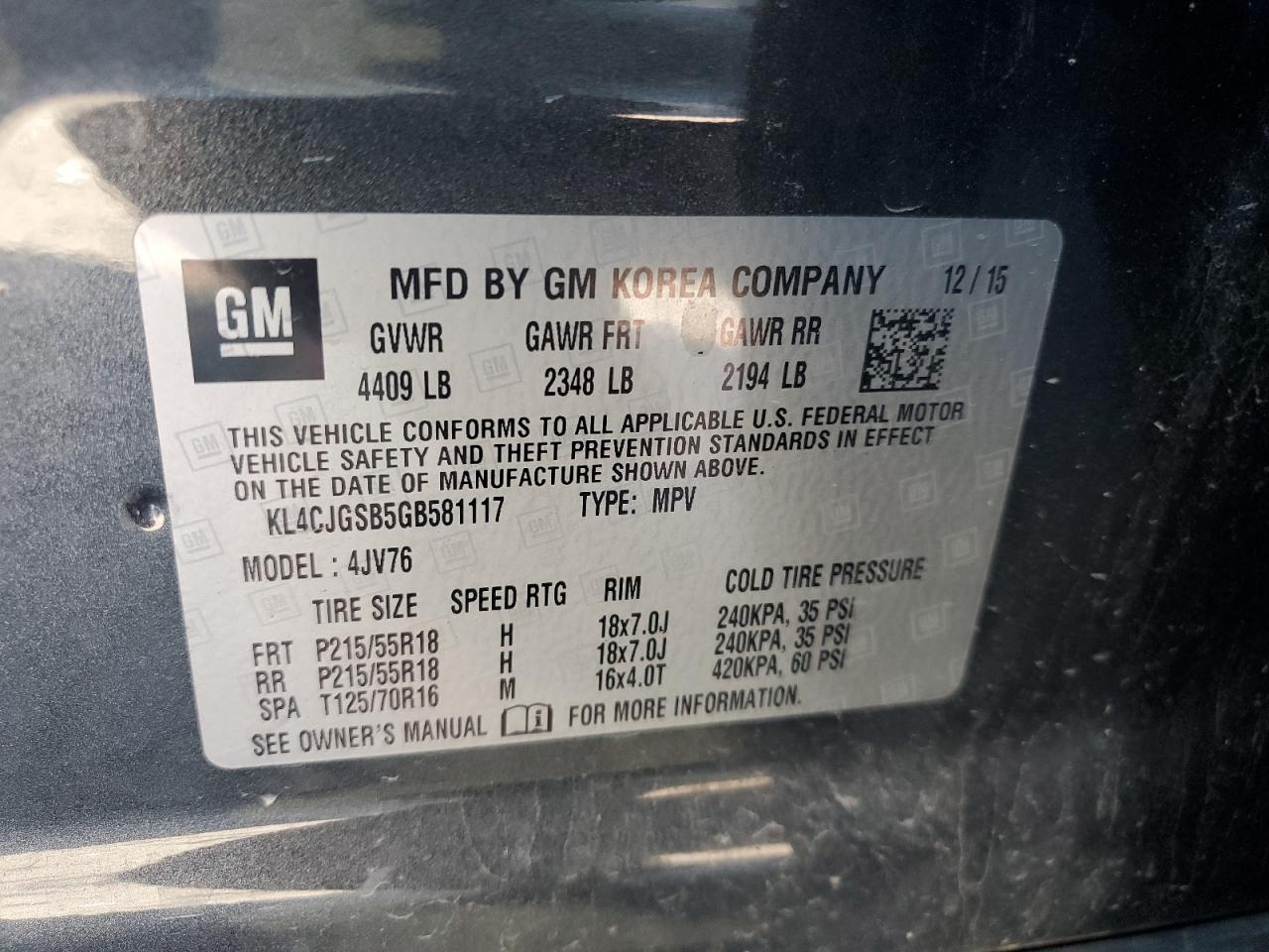 2016 Buick Encore VIN: KL4CJGSB5GB581117 Lot: 82279275