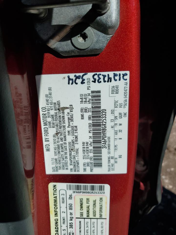 2016 Ford Fusion Se VIN: 3FA6P0H98GR253320 Lot: 89842665