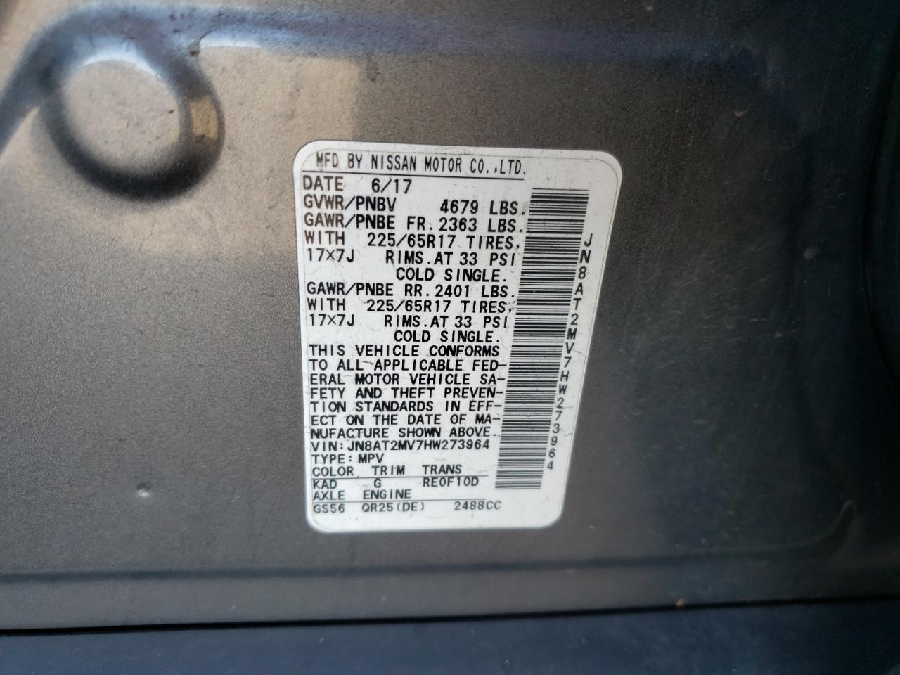 2017 Nissan Rogue S VIN: JN8AT2MV7HW273964 Lot: 85782685