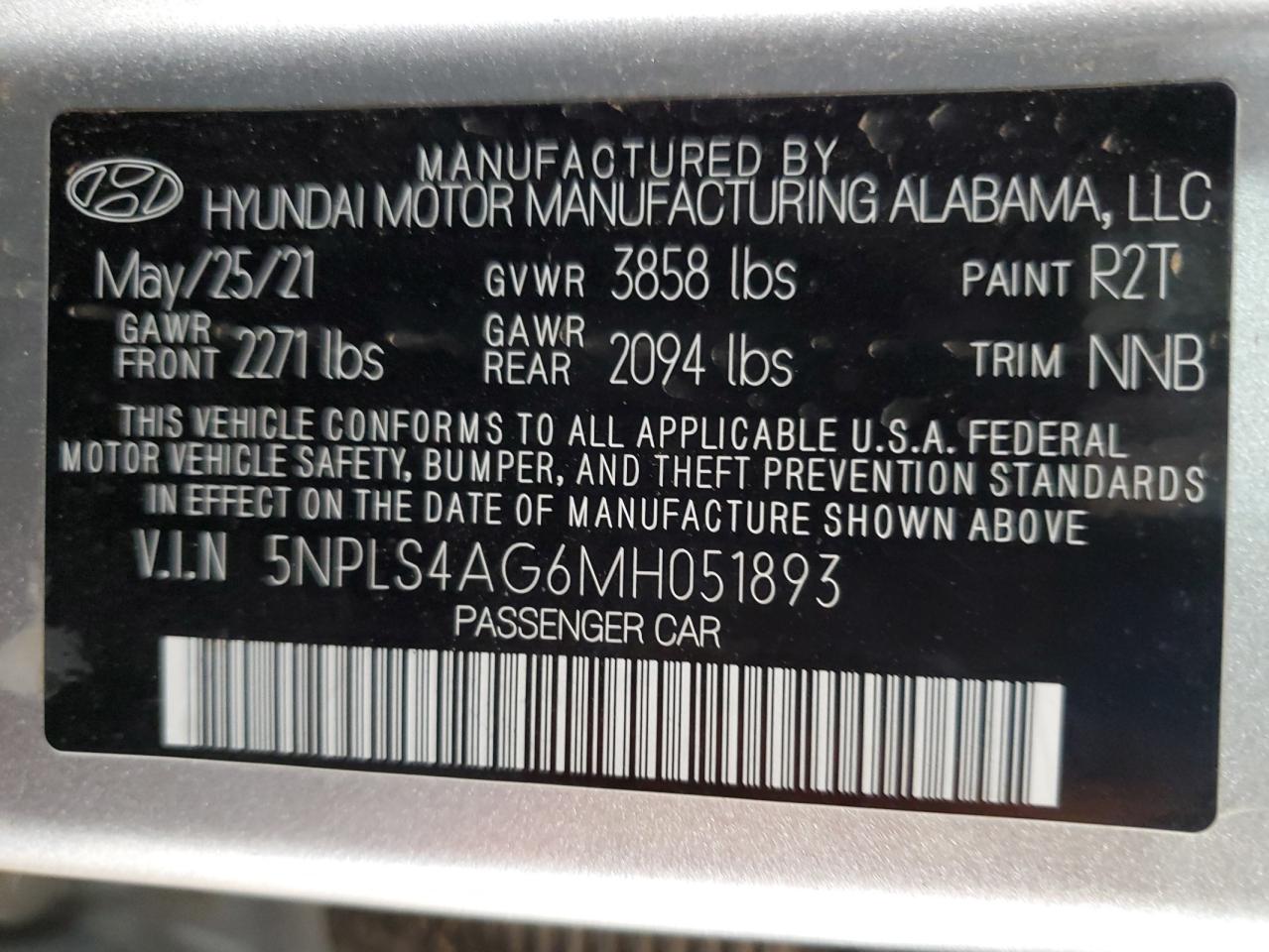 2021 Hyundai Elantra Sel VIN: 5NPLS4AG6MH051893 Lot: 85942035