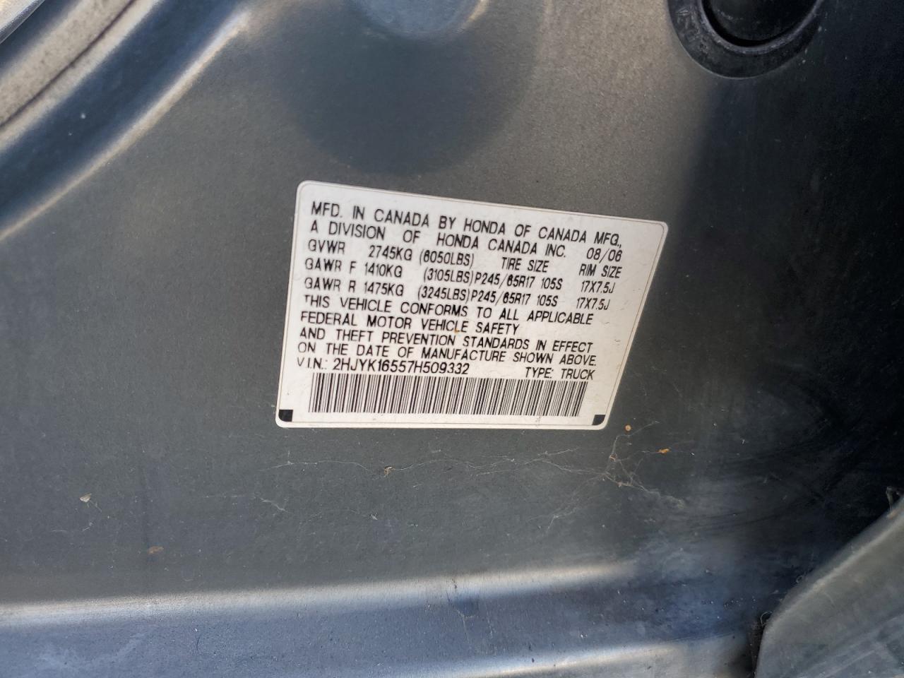 2007 Honda Ridgeline Rtl VIN: 2HJYK16557H509332 Lot: 86187045