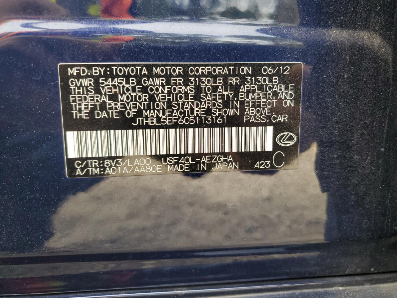 2012 Lexus Ls 460 VIN: JTHBL5EF6C5113161 Lot: 86214645