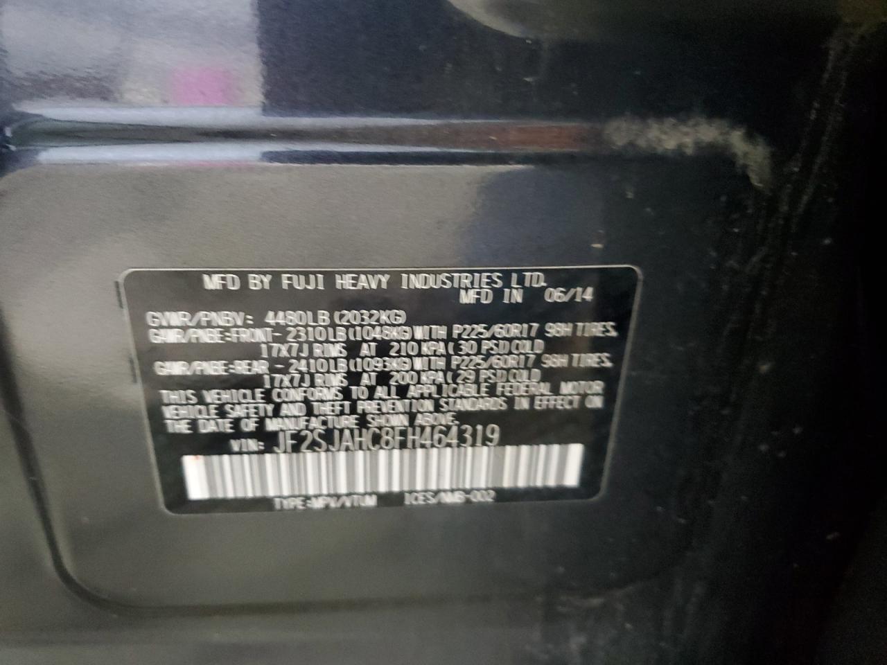 2015 Subaru Forester 2.5I Limited VIN: JF2SJAHC8FH464319 Lot: 84773265