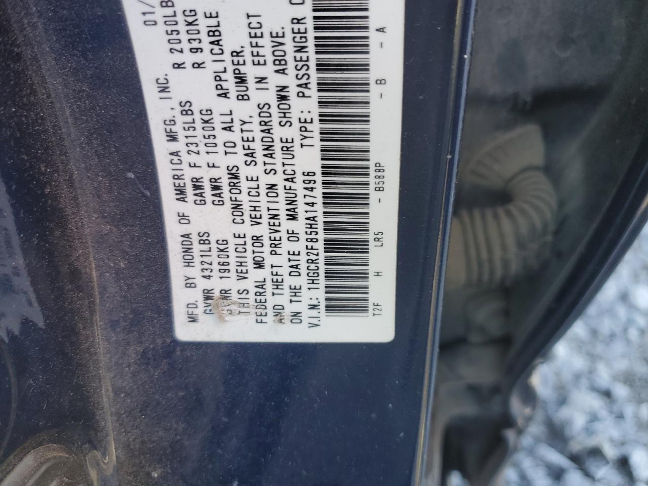 2017 Honda Accord Exl VIN: 1HGCR2F85HA147496 Lot: 85556945