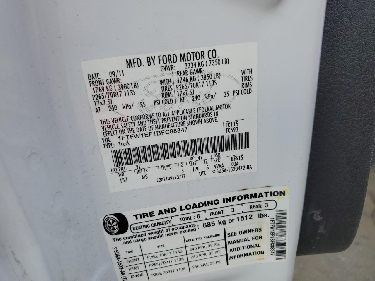 2011 Ford F150 Supercrew VIN: 1FTFW1EF1BFC88347 Lot: 89455945