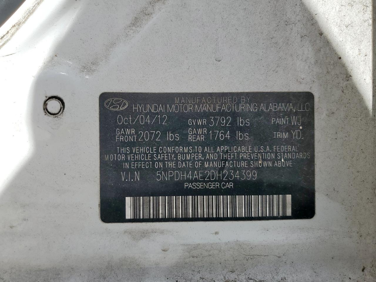 2013 Hyundai Elantra Gls VIN: 5NPDH4AE2DH234399 Lot: 84048985