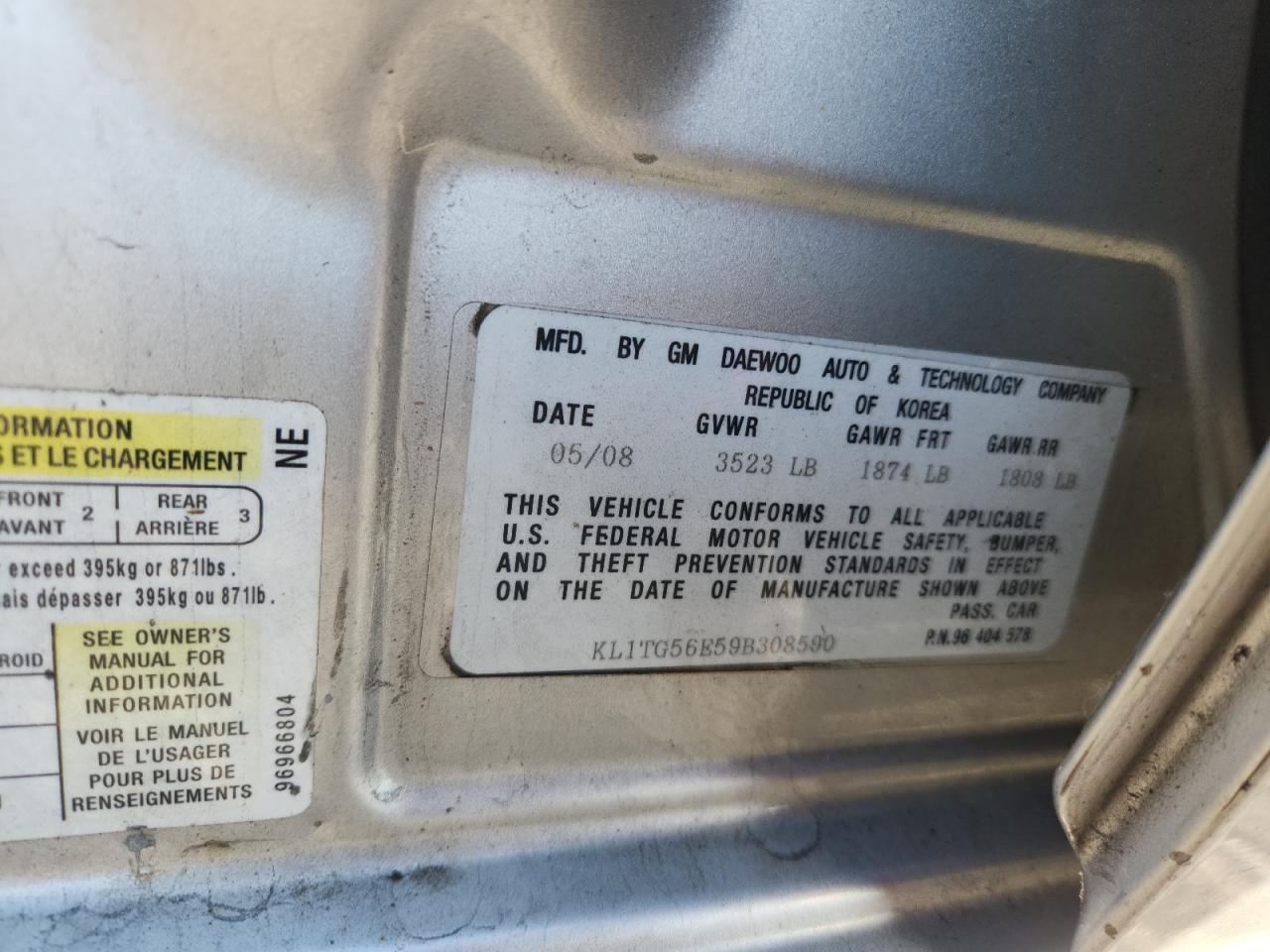 2009 Chevrolet Aveo Lt VIN: KL1TG56E59B308590 Lot: 82194165